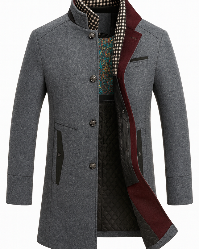 Cavrelian | Men's Wool Blend Overcoat Stand Collar Button Front