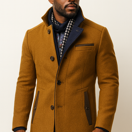 Cavrelian | Men's Wool Blend Overcoat Stand Collar Button Front