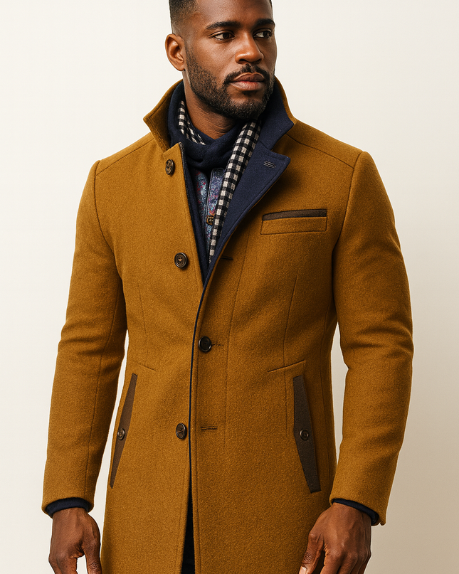 Cavrelian | Men's Wool Blend Overcoat Stand Collar Button Front