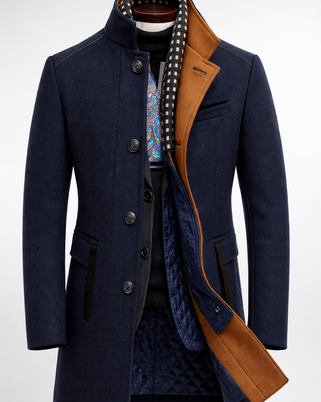 Cavrelian | Men's Wool Blend Overcoat Stand Collar Button Front