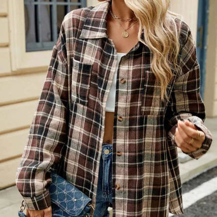 Ceralune | Women's Plaid Overshirt Button Front Casual