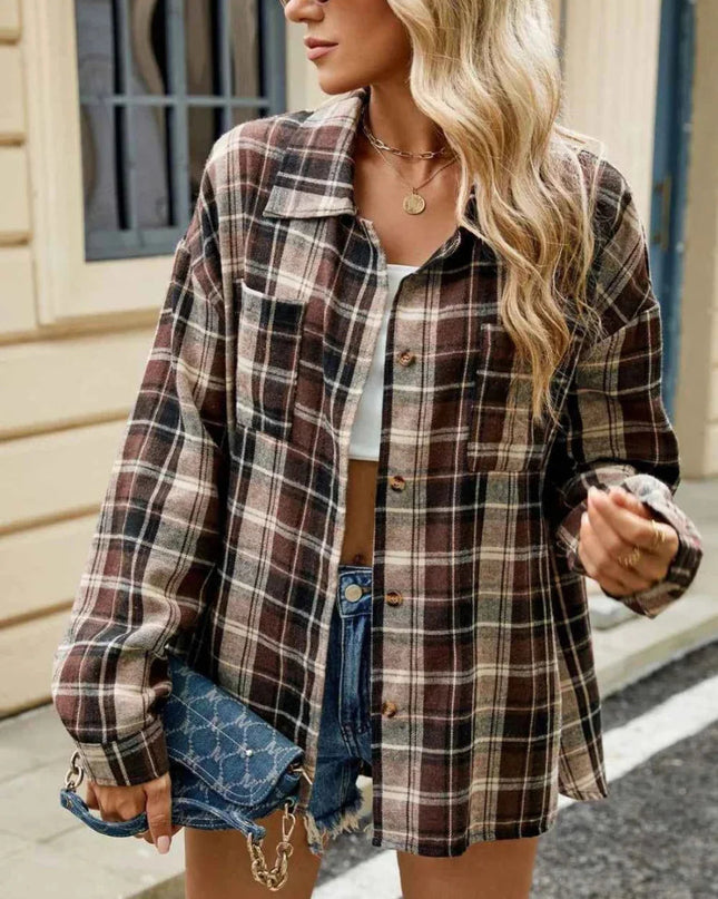 Ceralune | Women's Plaid Overshirt Button Front Casual