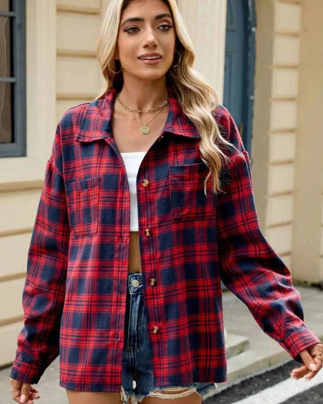 Ceralune | Women's Plaid Overshirt Button Front Casual
