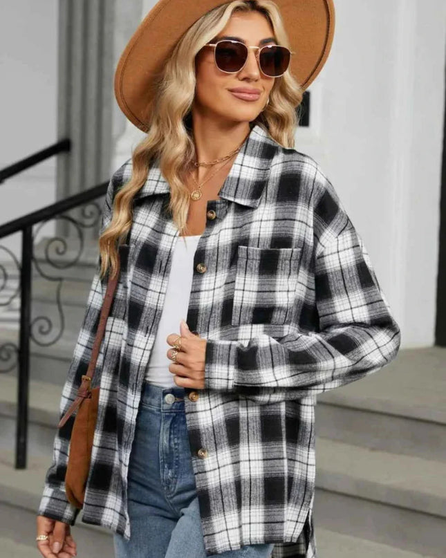Ceralune | Women's Plaid Overshirt Button Front Casual