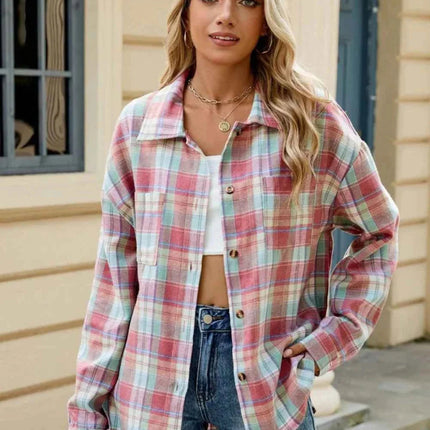 Ceralune | Women's Plaid Overshirt Button Front Casual