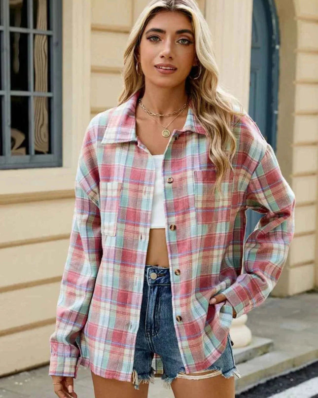 Ceralune | Women's Plaid Overshirt Button Front Casual