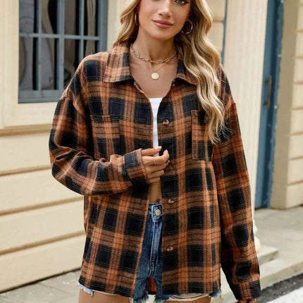 Ceralune | Women's Plaid Overshirt Button Front Casual