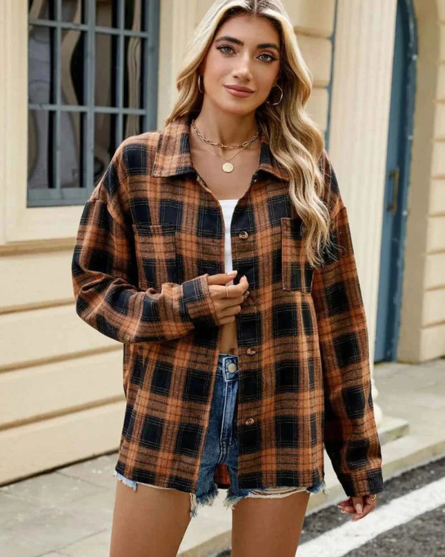 Ceralune | Women's Plaid Overshirt Button Front Casual