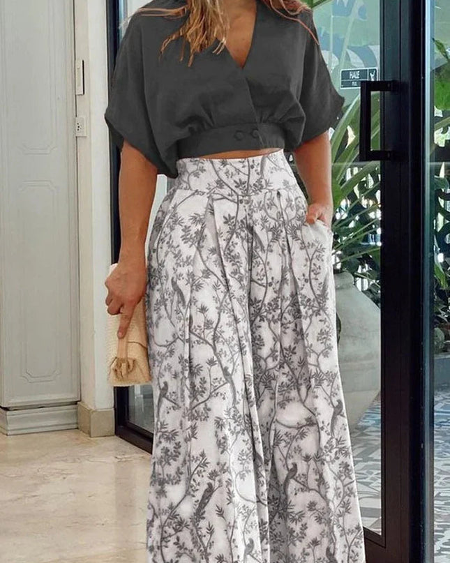 Clara | V-Neck Wide-Leg Two-Piece Pants Set