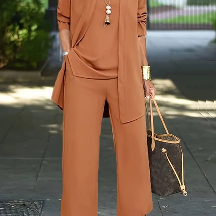 Corinne | Three-Piece Wide Leg Pant Set with Open-Front Layer