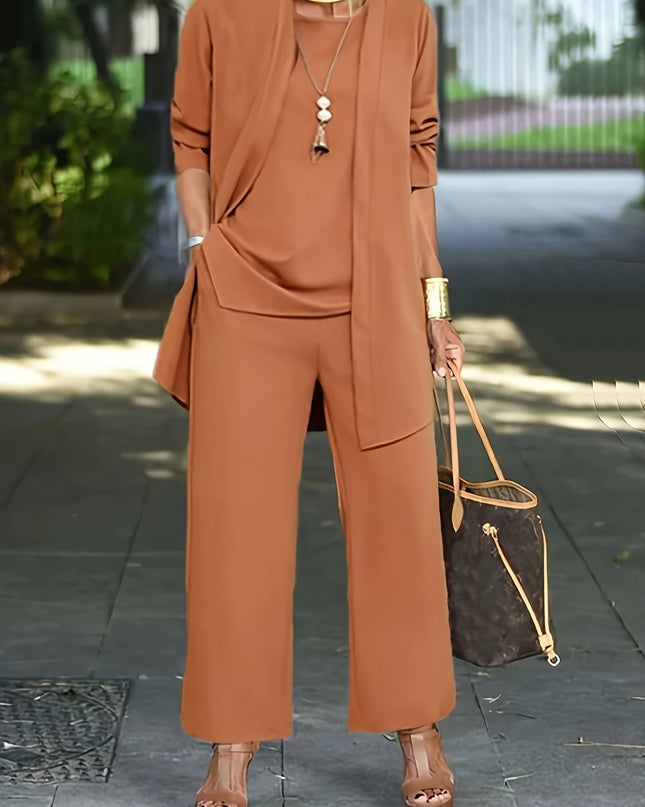 Corinne | Three-Piece Wide Leg Pant Set with Open-Front Layer