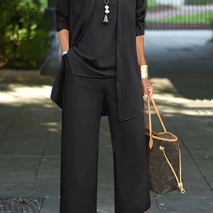 Corinne | Three-Piece Wide Leg Pant Set with Open-Front Layer