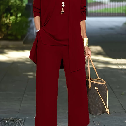 Corinne | Three-Piece Wide Leg Pant Set with Open-Front Layer