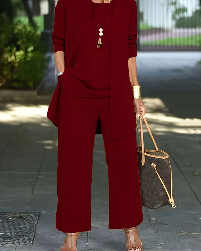 Corinne | Three-Piece Wide Leg Pant Set with Open-Front Layer