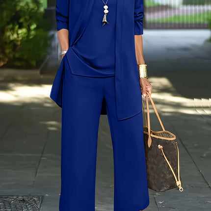 Corinne | Three-Piece Wide Leg Pant Set with Open-Front Layer