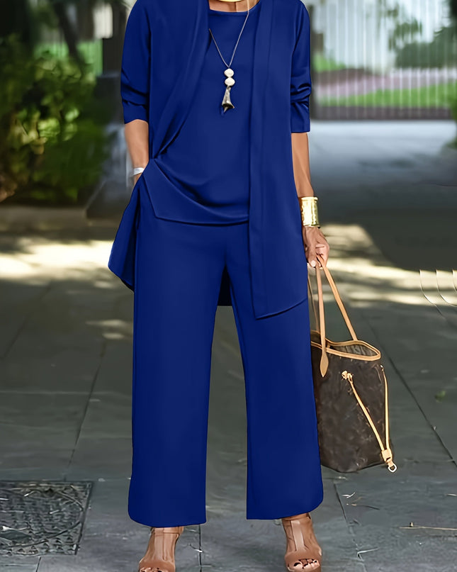 Corinne | Three-Piece Wide Leg Pant Set with Open-Front Layer