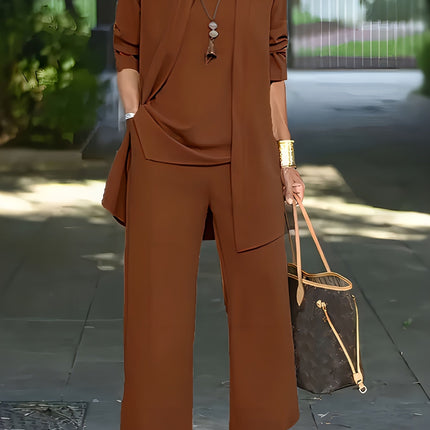 Corinne | Three-Piece Wide Leg Pant Set with Open-Front Layer