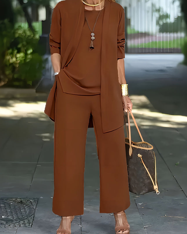Corinne | Three-Piece Wide Leg Pant Set with Open-Front Layer