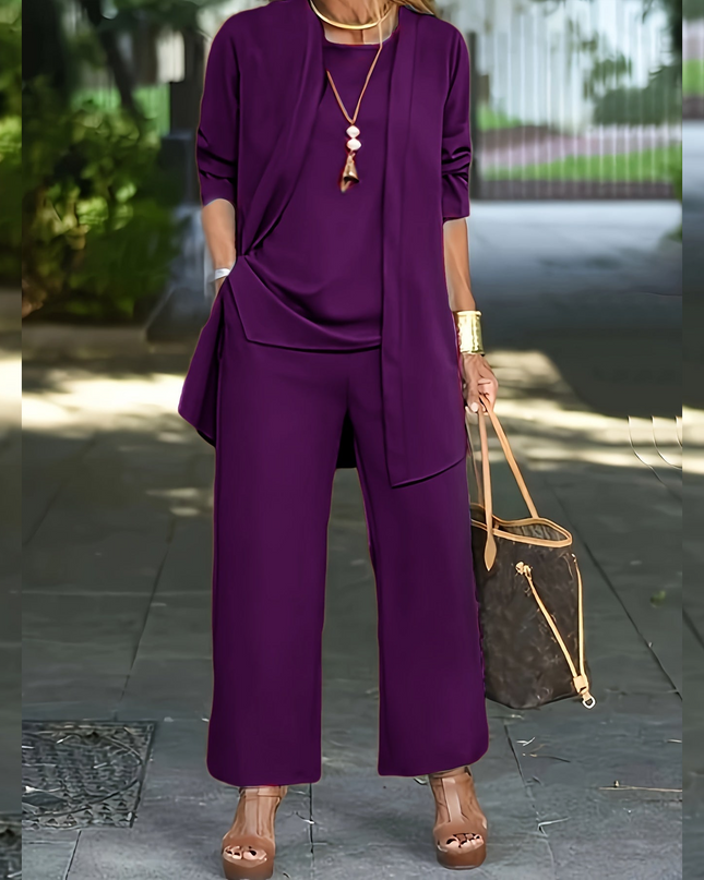 Corinne | Three-Piece Wide Leg Pant Set with Open-Front Layer