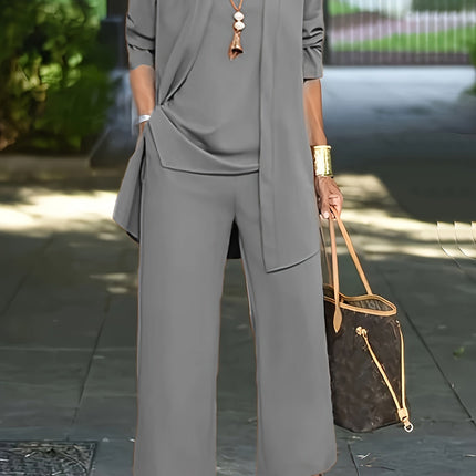 Corinne | Three-Piece Wide Leg Pant Set with Open-Front Layer
