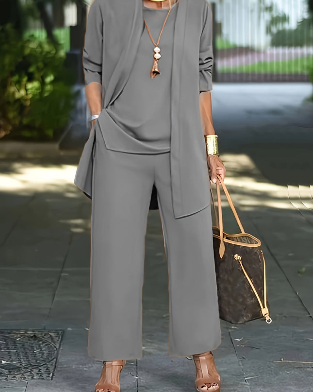 Corinne | Three-Piece Wide Leg Pant Set with Open-Front Layer