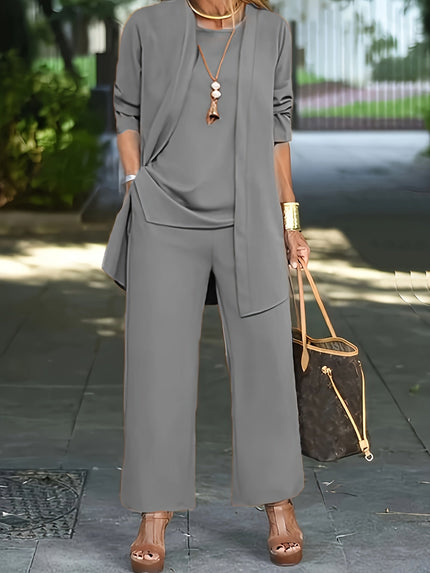 Corinne | Three-Piece Wide Leg Pant Set with Open-Front Layer