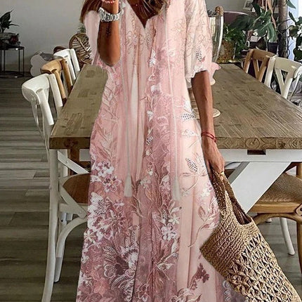 Elena | Floral V-Neck Loose Maxi Dress with Half Sleeves