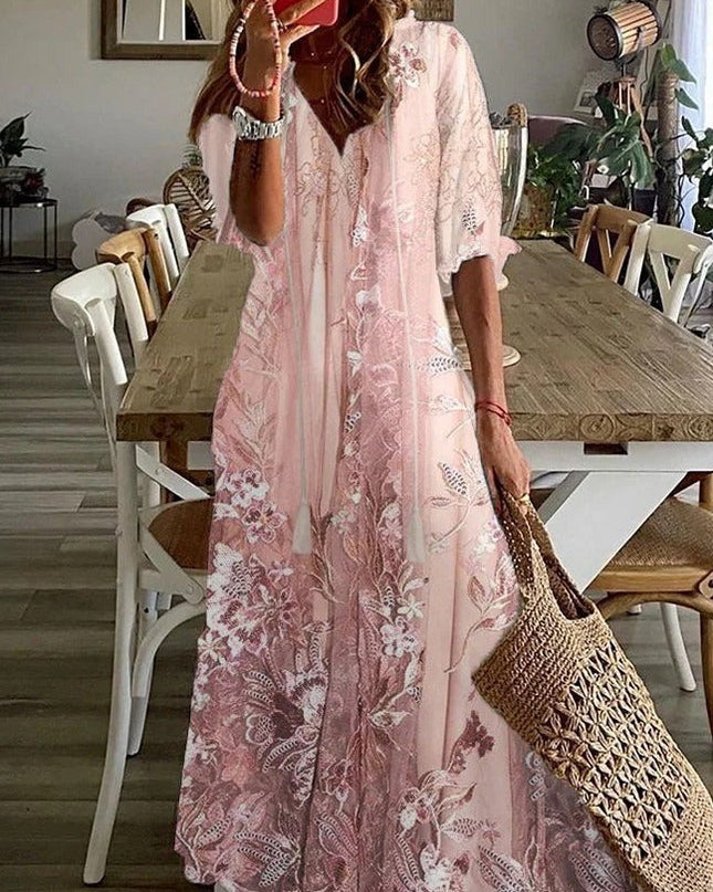 Elena | Floral V-Neck Loose Maxi Dress with Half Sleeves