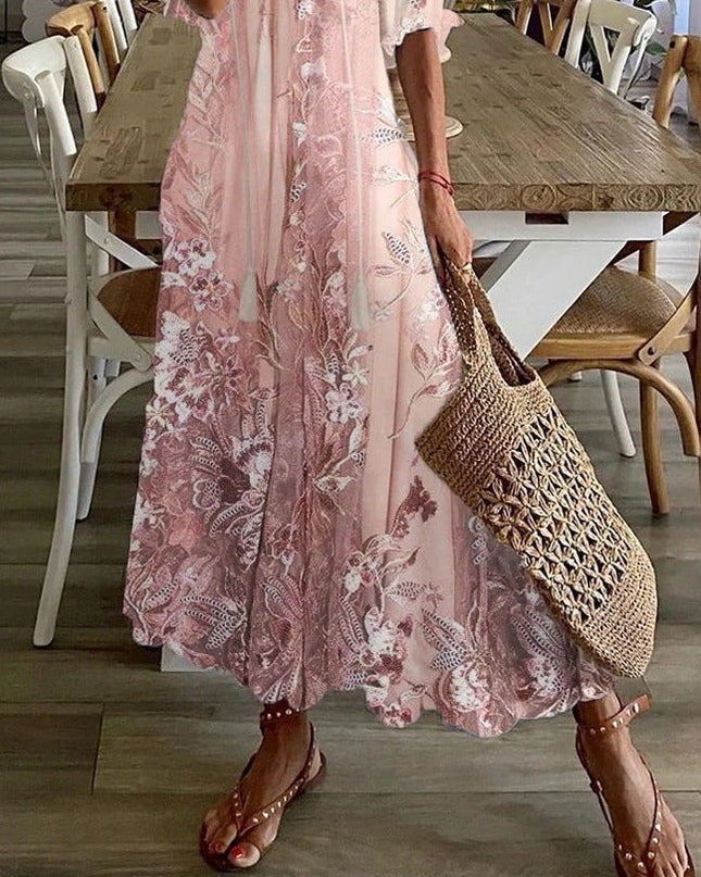 Elena | Floral V-Neck Loose Maxi Dress with Half Sleeves