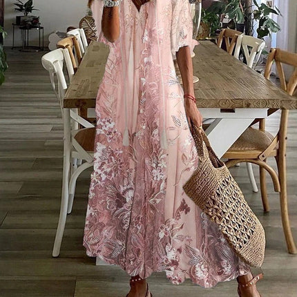 Elena | Floral V-Neck Loose Maxi Dress with Half Sleeves