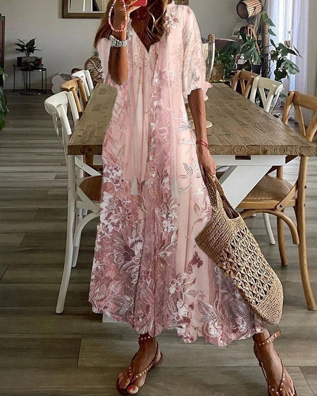 Elena | Floral V-Neck Loose Maxi Dress with Half Sleeves