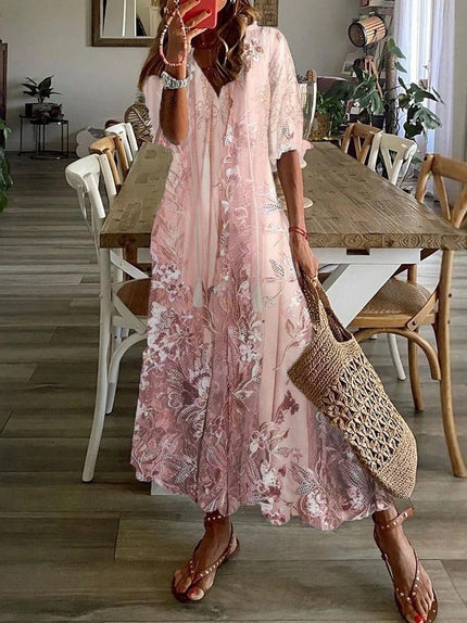 Elena | Floral V-Neck Loose Maxi Dress with Half Sleeves