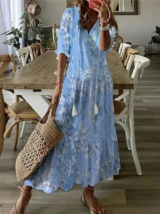 Enora | Printed Tassel Tie Boho Maxi Dress