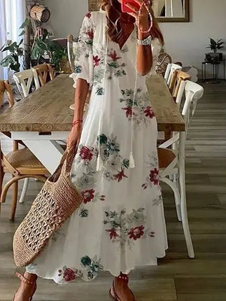 Enora | Printed Tassel Tie Boho Maxi Dress