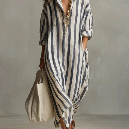 Evangeline | Striped Button Front Shirt Maxi Dress