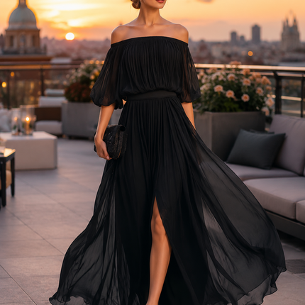 Evelisse | Women's Off-Shoulder Maxi Dress Pleated Formal Wedding Guest