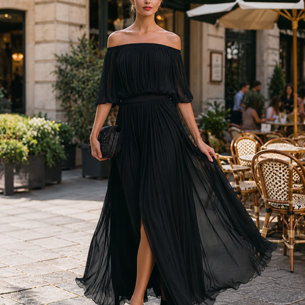 Evelisse | Women's Off-Shoulder Maxi Dress Pleated Formal Wedding Guest