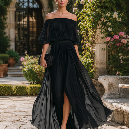 Evelisse | Women's Off-Shoulder Maxi Dress Pleated Formal Wedding Guest
