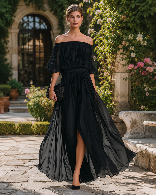 Evelisse | Women's Off-Shoulder Maxi Dress Pleated Formal Wedding Guest