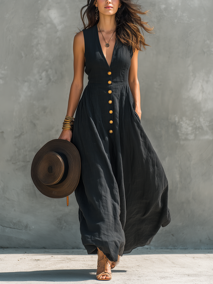 Evelyn | V-Neck Button Front Maxi Dress