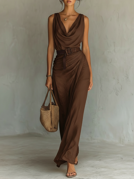 Gabriella | Cowl Neck Belted Maxi Dress