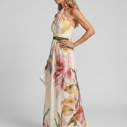 Genevieve | Floral Halter Maxi Dress with Flowing Skirt