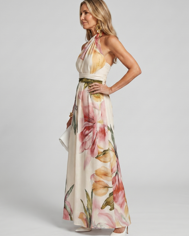 Genevieve | Floral Halter Maxi Dress with Flowing Skirt