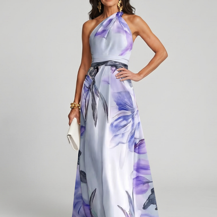 Genevieve | Floral Halter Maxi Dress with Flowing Skirt