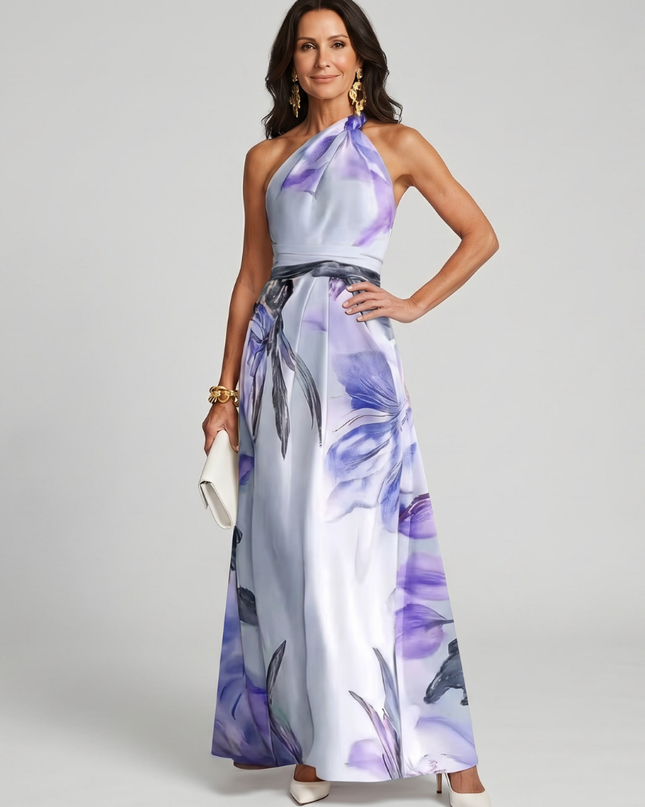 Genevieve | Floral Halter Maxi Dress with Flowing Skirt