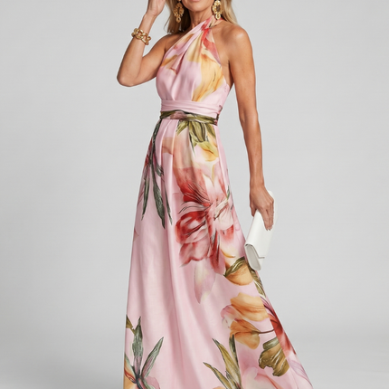 Genevieve | Floral Halter Maxi Dress with Flowing Skirt