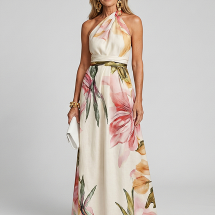 Genevieve | Floral Halter Maxi Dress with Flowing Skirt