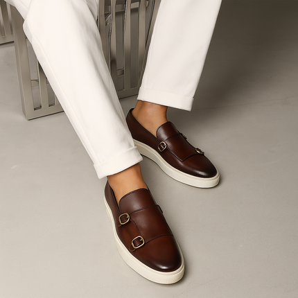 Men’s Slip-On Shoes – Double Buckle Detail & White Sole