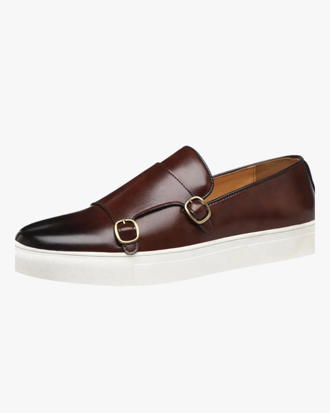 Men’s Slip-On Shoes – Double Buckle Detail & White Sole