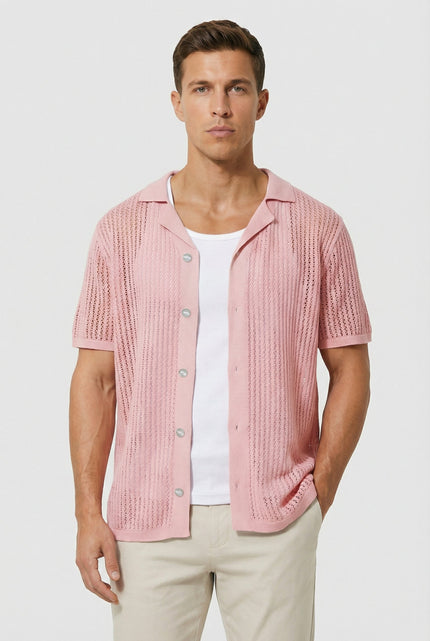 Men's Shirt Crochet Knit Relaxed Fit Button-Up Lightweight Casual Design